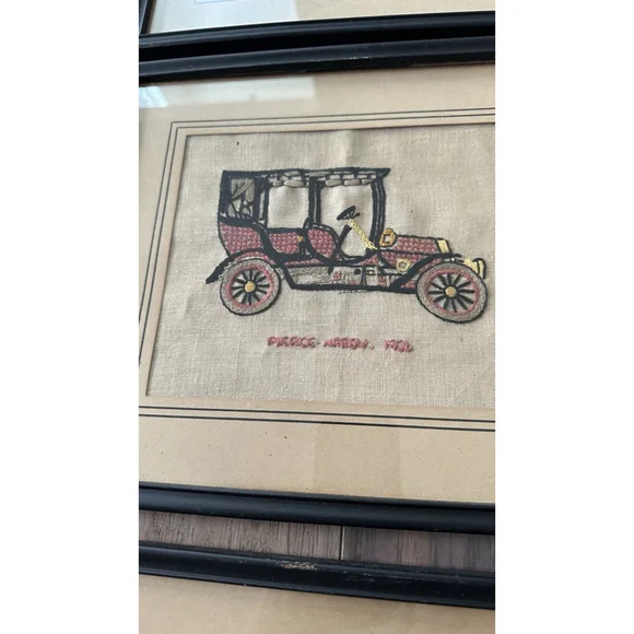 6 VINTAGE COMPLETED EMBROIDERY Antique Cars Framed Old Frames - Picture 4 of 9